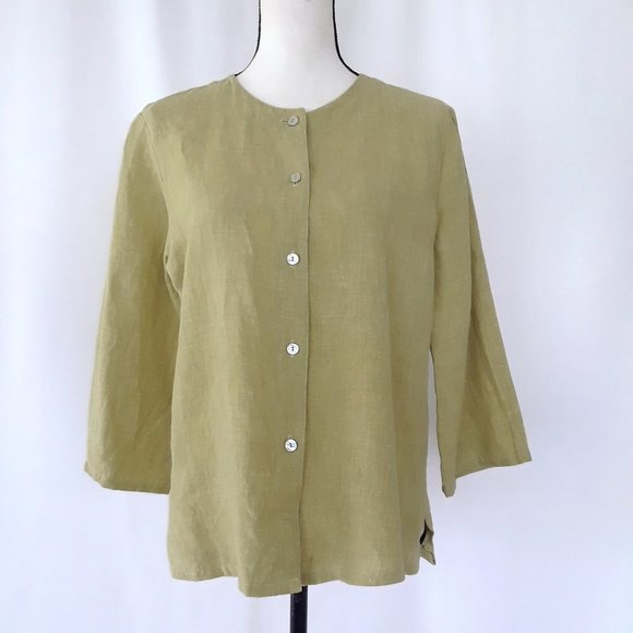 Vintage Tops - Vintage 1990s Avocado Green Linen 3/4 Sleeve Blouse